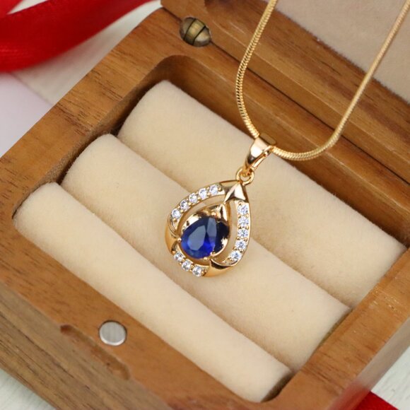 "Blue Pear-Shaped Pendant with Sparkling Stone Accents – Elegant Look,XPPT1801 - Picture 7 of 13